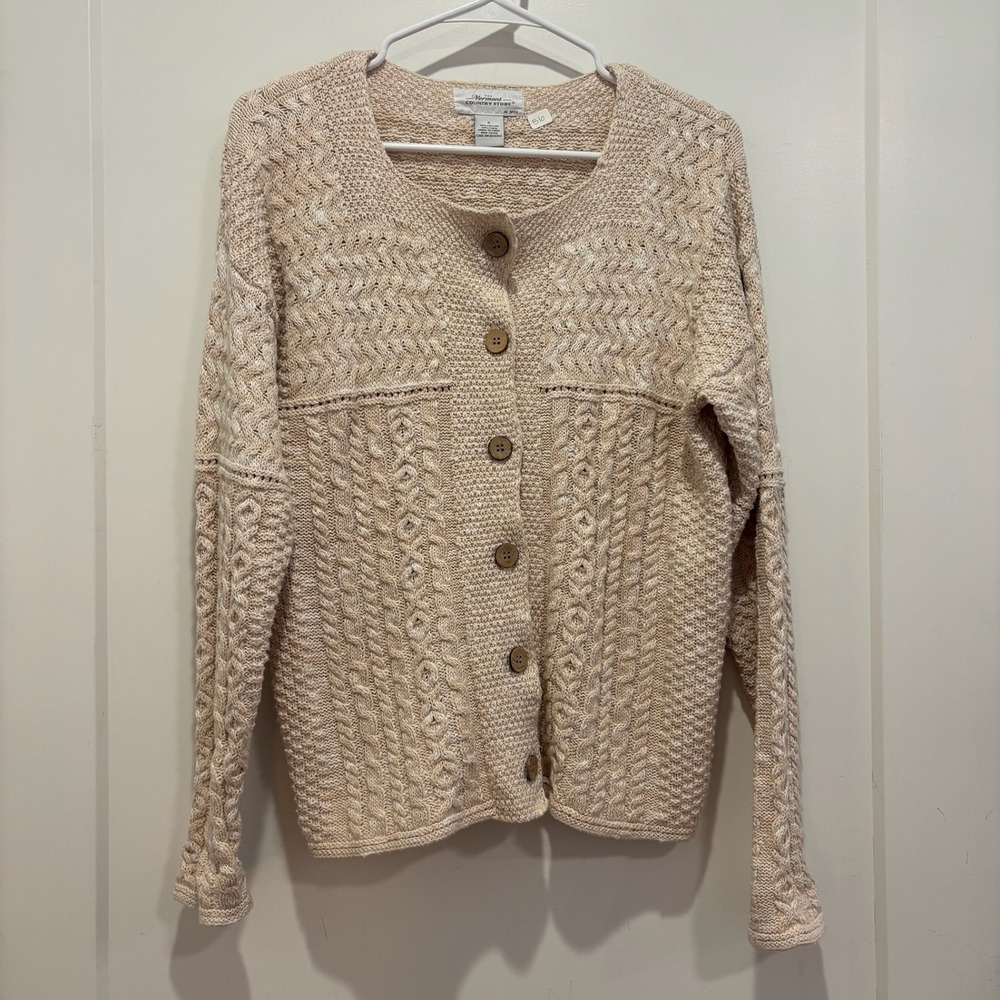 Vermont Country Store Cotton Linen Cable Knit Cardigan Sweater‎ Tan Cream Small